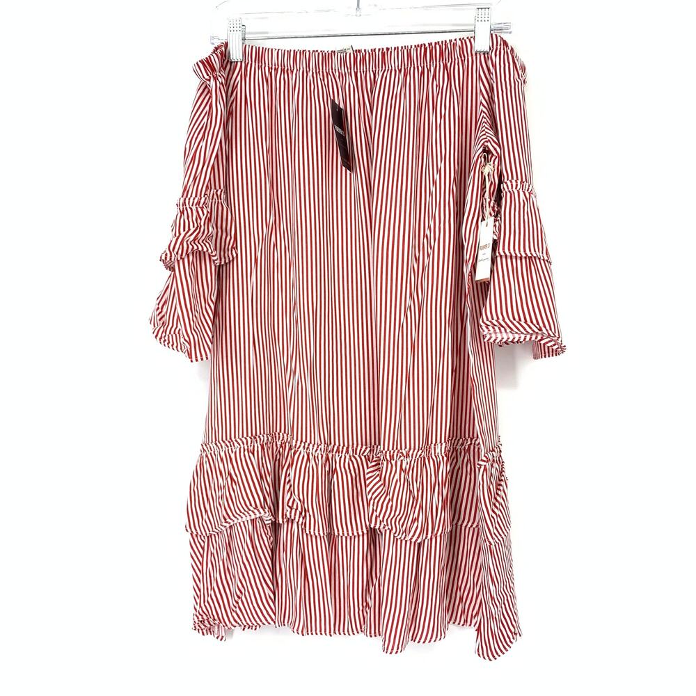 Forever 21 Women's Medium Ruffled Off The Shoulder Striped Dress Red White NWT